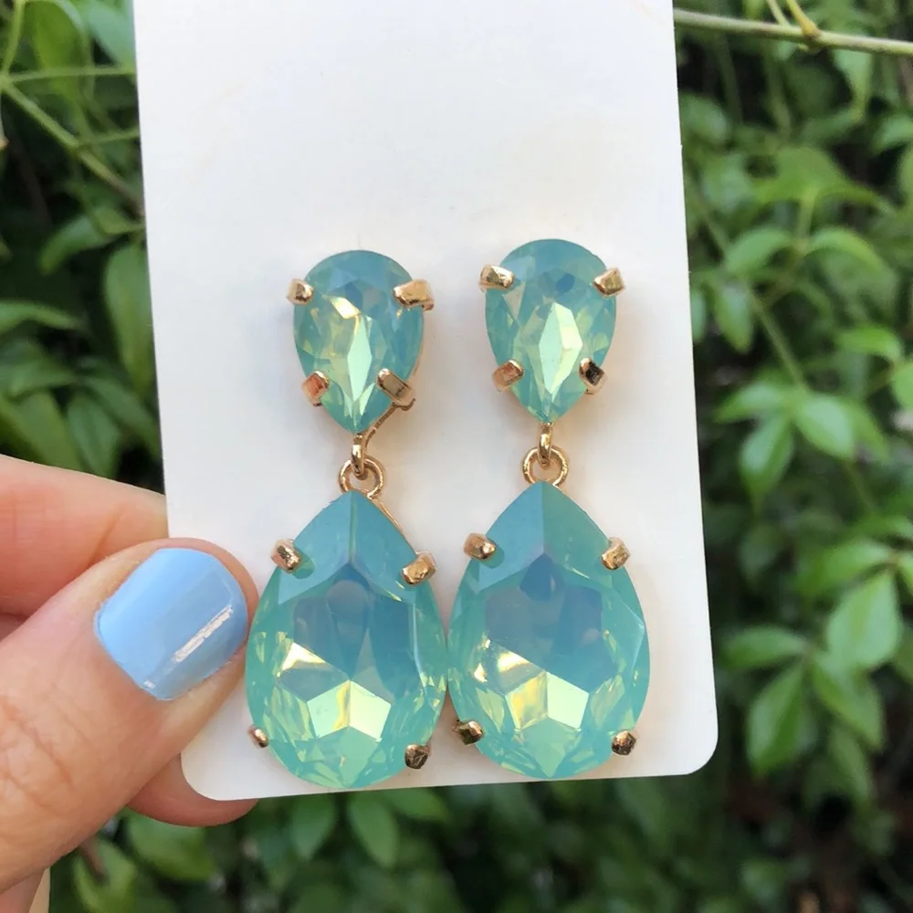 Green Opal Crystal Drop Statement Earrings